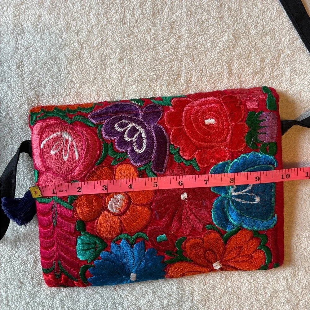 Mexican Embroidered Colorful Floral Crossbody Handbag w Tassels, Snap Closure